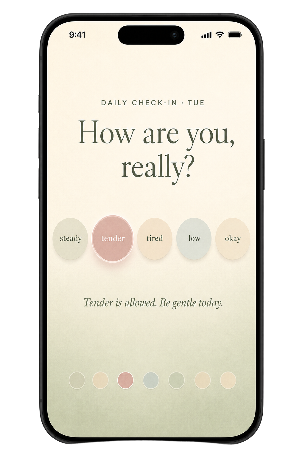 Hajja's daily check-in screen with five soft mood chips
