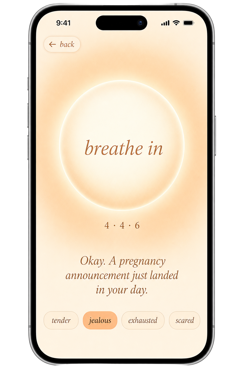 Hajja's Inner screen with a glowing breathing circle that says breathe in